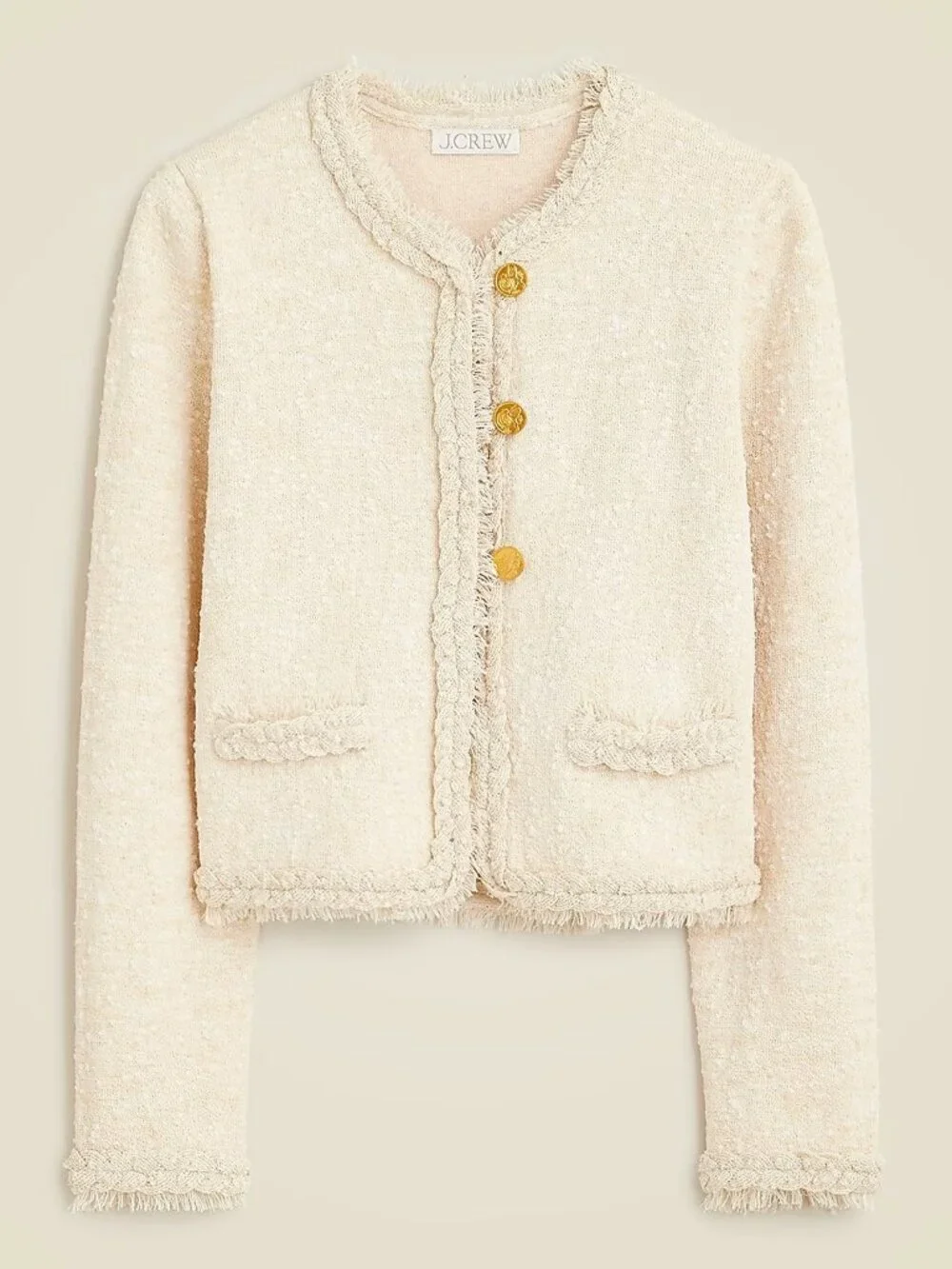 J. Crew Marled Fringe-Trim Sweater Lady Jacket Heather Sand Large #A3784